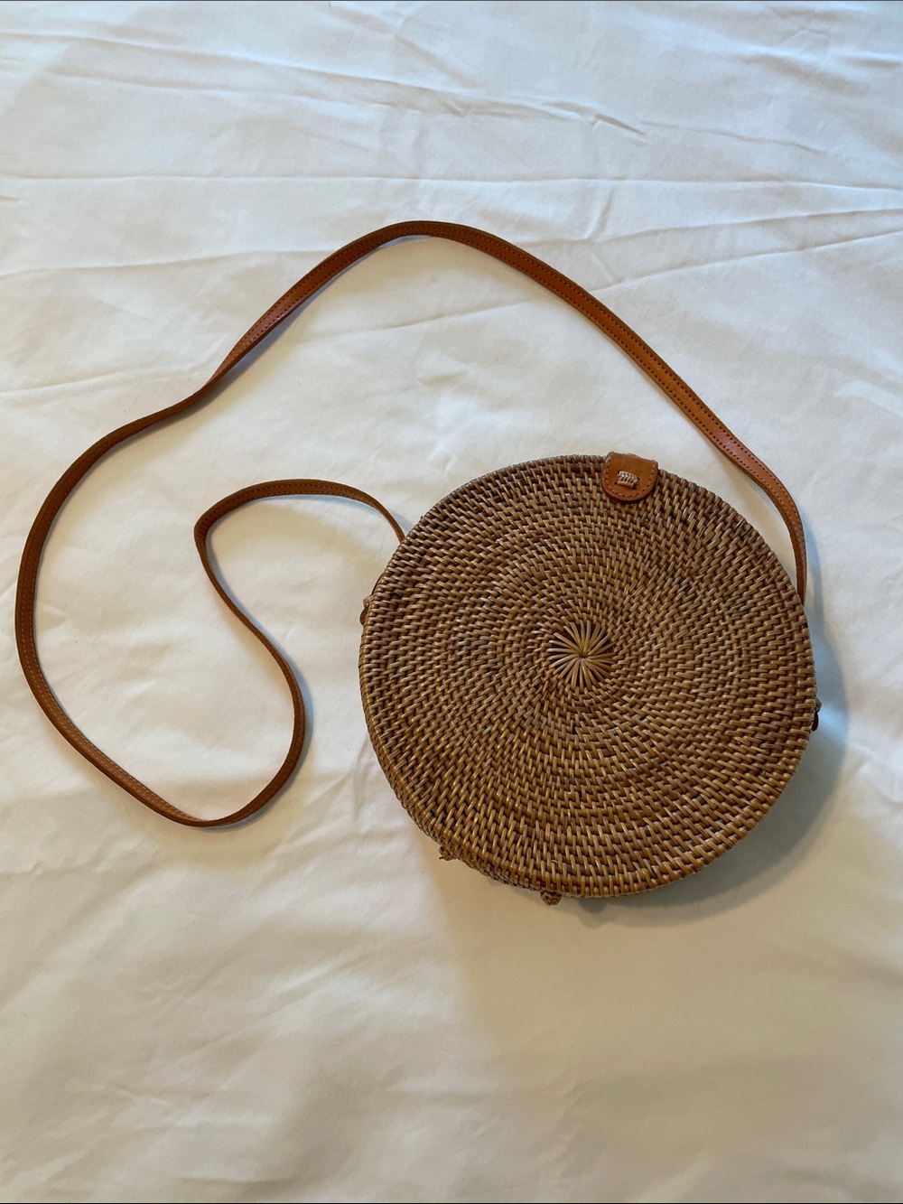 Woven Round Crossbody Bag with Tan Strap